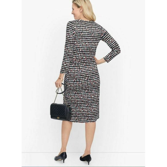 NWOT Talbots Black & Pink KNIT JERSEY FAUX WRAP DOT DRESS Size Large - Picture 2 of 6